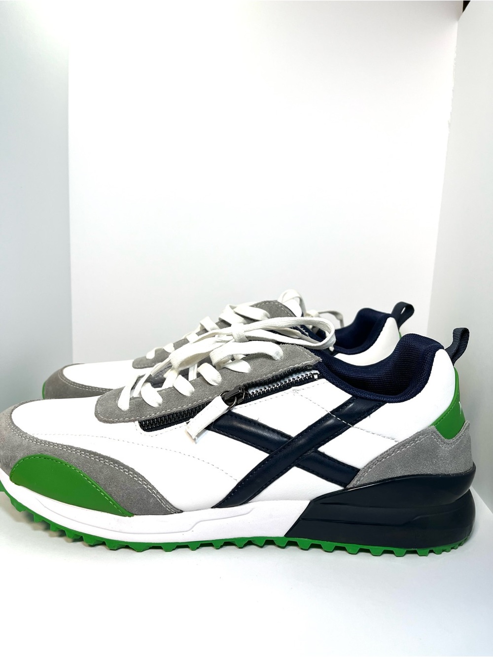 Mazino Opal-015 Men’s Size 12 Sneakers White Navy Green Gray Side Zip Shoes